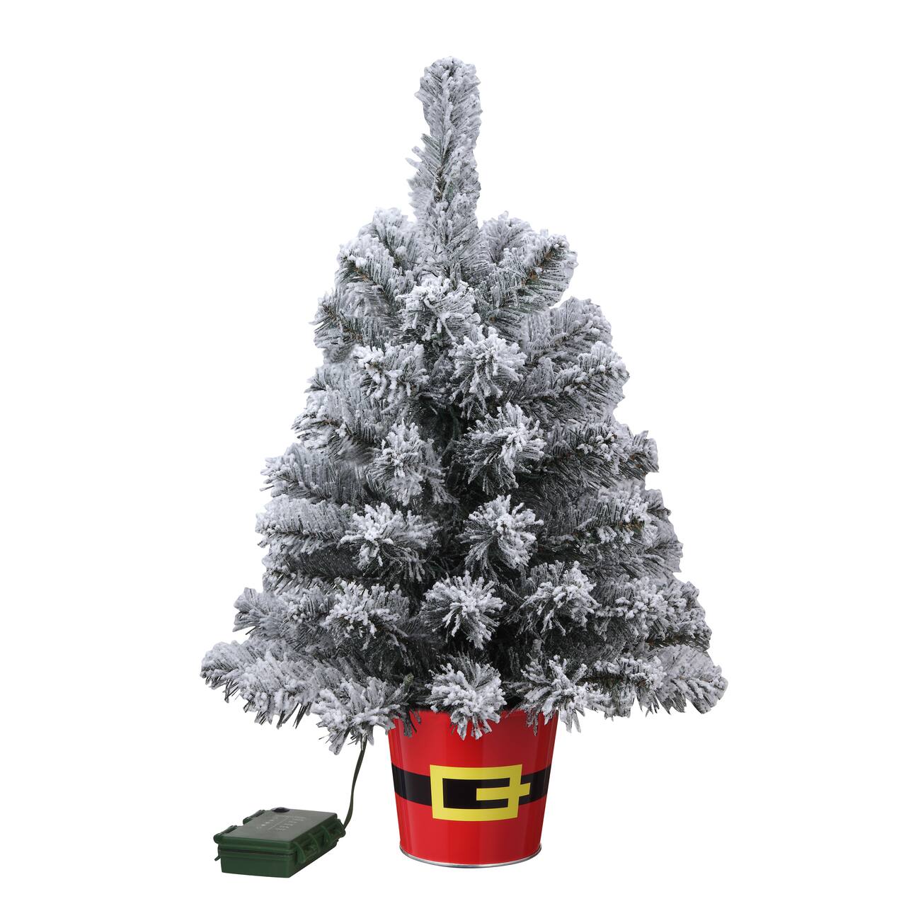 20" Pre-Lit Night Night™ Snowy Flocked Pine Artificial Tabletop Christmas Tree in Santa Belt Base, Clear LED Lights